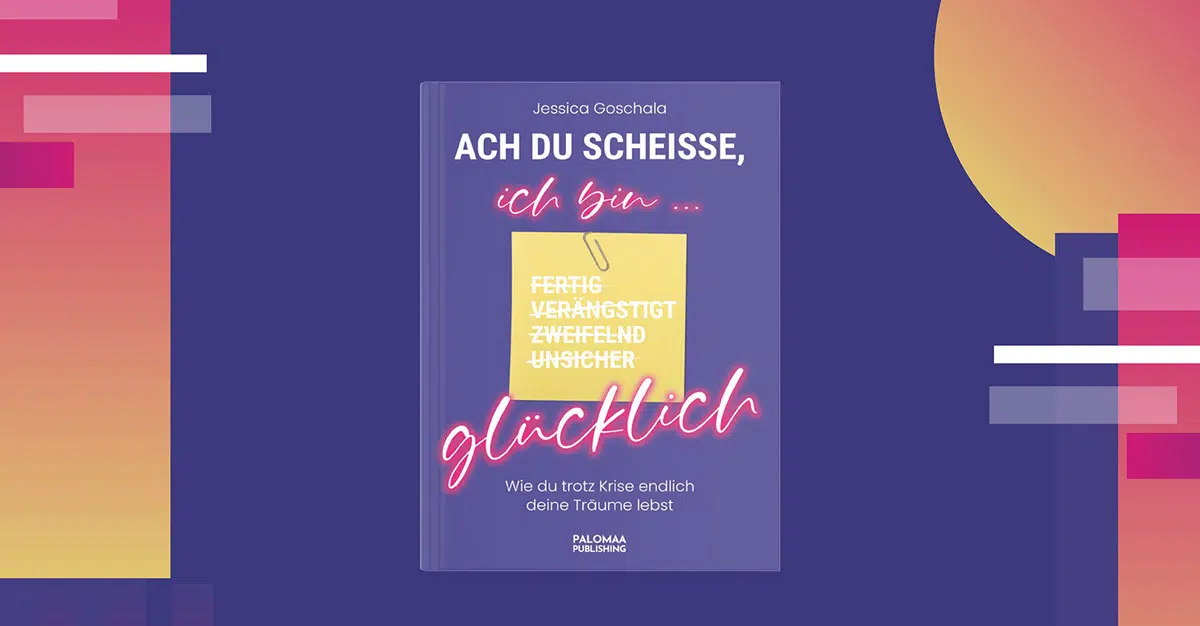 Lila farbiges Buch mit einer pinken Neonschrift und einem passend gestalteten Hintergrund.
