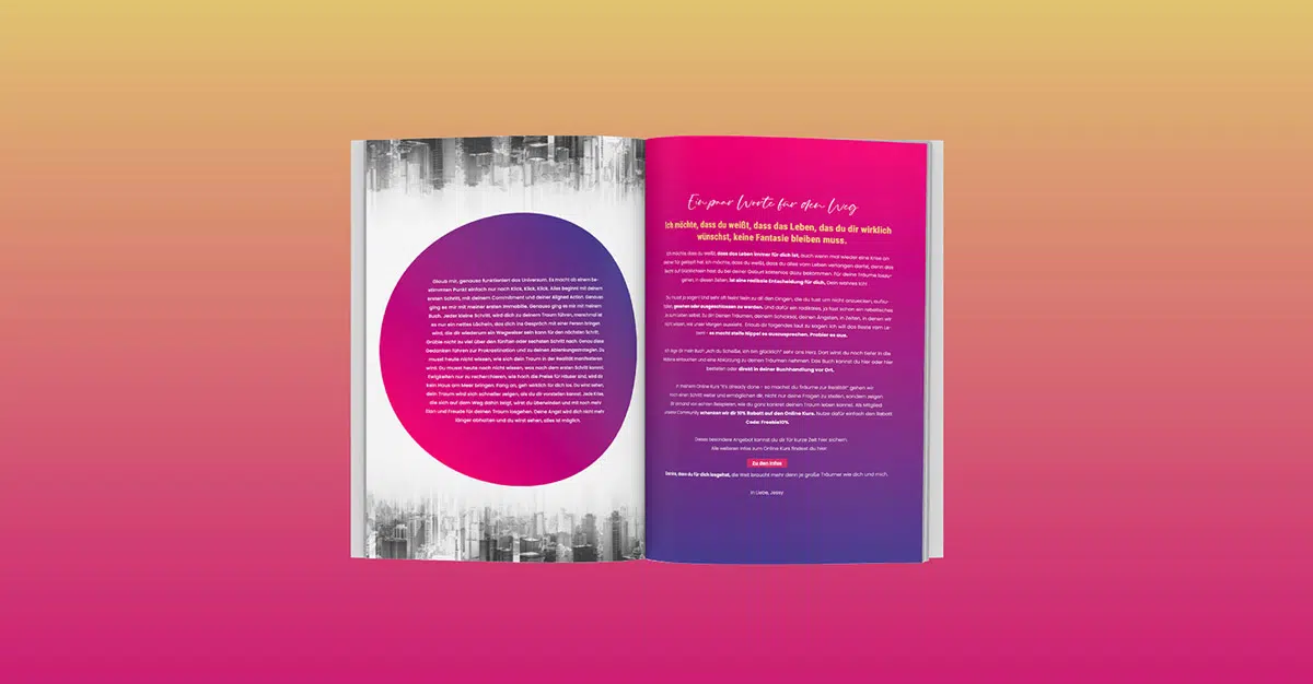 Bunte Buchgestaltung. Zu sehen ist eine aufgeklappte Doppelseite mit einer auffälligen Gestaltung.