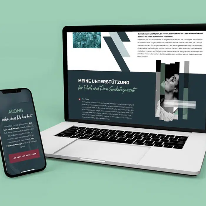Desktop und Mobile Version einer Webseite in dunkelgrün und weiss gehalten. Sehr grafisches Design mit Balken. Auch die Bilder sind mit Balken durchzogen. Die Sublines dafür in geschwungener Schrift als Ausgleich gehalten