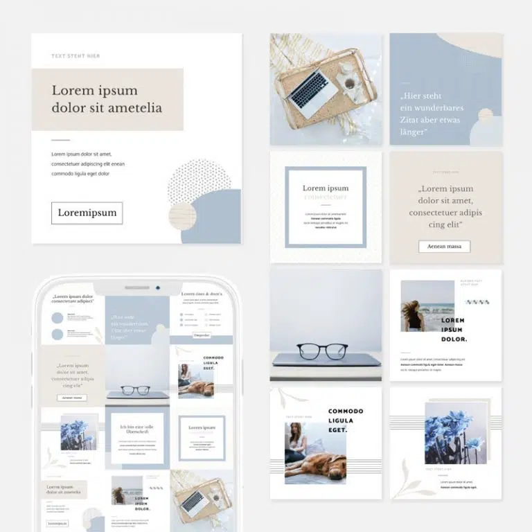 Übersicht von einem gestalteten Instagram Feed in den Farben Blau Beige