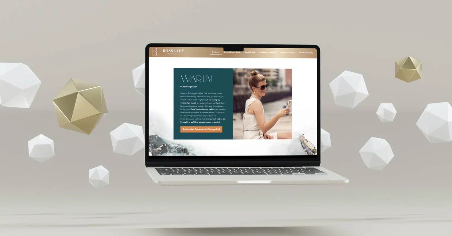 Webseite die eine erfolgreiche Geschäftsfrau zeigt. Das Design ist sehr edel.