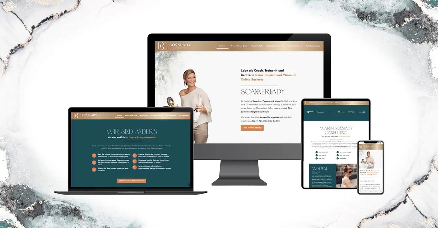 Internetseite die sehr edel und hochwertig wirkt. Zu sehen ist ein Handy, Laptop und Tablet.