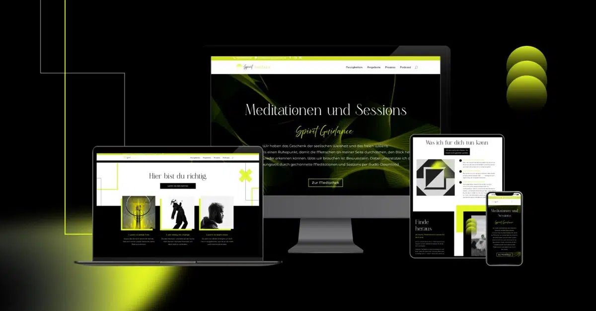 Webseite für Meditation und Spiritualität in schwarz und kiwigrün gehalten. Graphische Muster und kiwigrüne Rahmen um die Bilder geben einen männlichen Touch. Die Schrift ist ebenfalls in kiwigrün gehalten. Desktop, Tablet und Mobile Version werden gezeigt