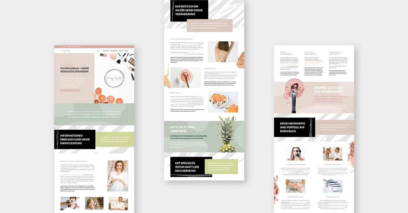 3 Ausschnitte eines Layouts mit diversen Bildern mit Frauen. Farben sind gehalten in salbeigrün, puder und weiß. Die Rechtecke in schwarz und hellgrün setzen Highlights.