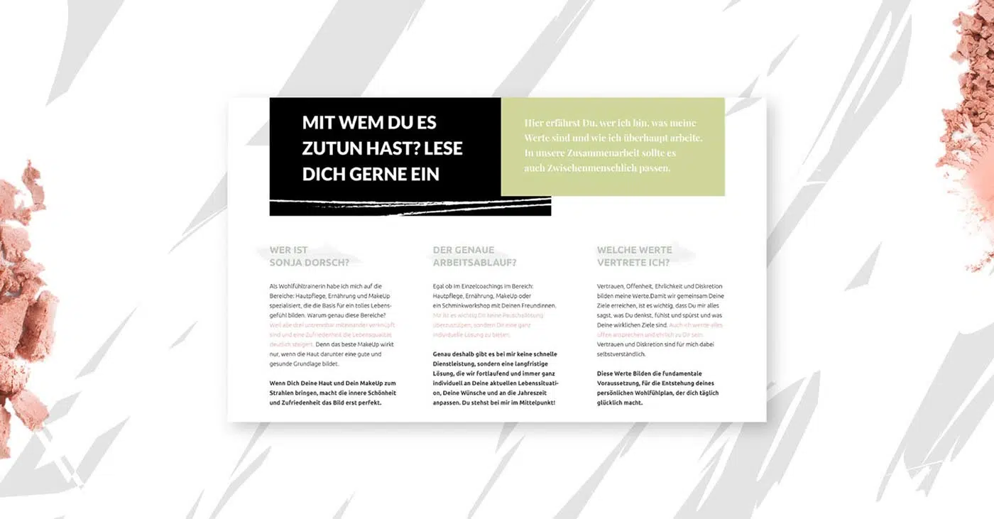 Hintergrund in weiß-grau mit graphischem Muster, puder Töne an der Außenseite, Layout mit 2 Rechtecken, schwarz und hellgrün im oberen Drittel, darunter 2 Spalten mit Text in schwarz, puder und hellgrün gehalten