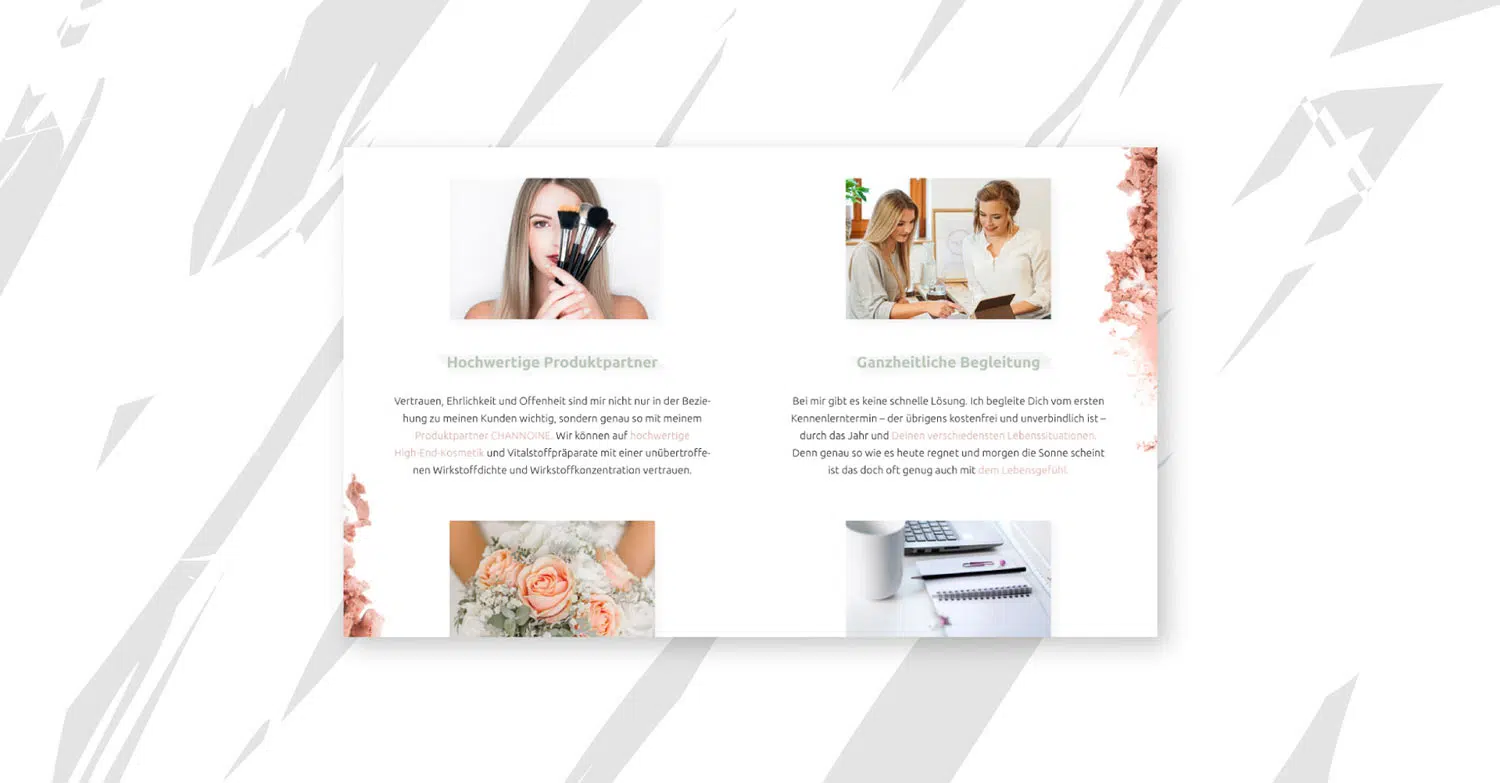 Hintergrund in weiß-grau mit graphischem Design gehalten. Vordergrund Layout in Weiß mit pudrigen Akzenten im Randbereich. Fotos mit Bildunterschriften stehen im Fokus