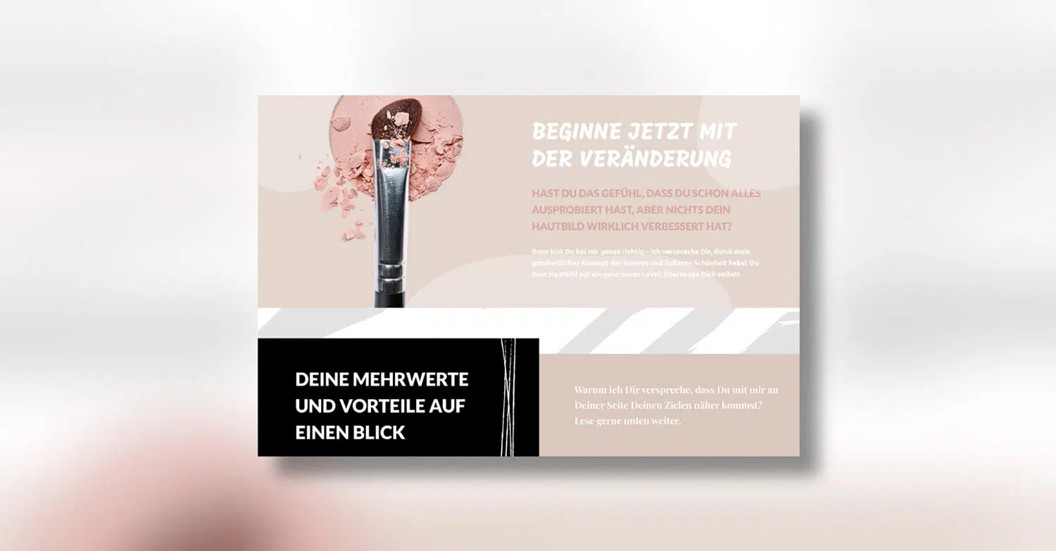 Hintergrund in Naturtönen gehalten. Im Vordergrund Layout eine Webseite in Sand, mit weiß/grauen Akzenten im unteren Drittel als Balken sichtbar. Schwarzer Kasten hebt die Kernaussage hervor. Schriftbild in Weiß und puder gehalten