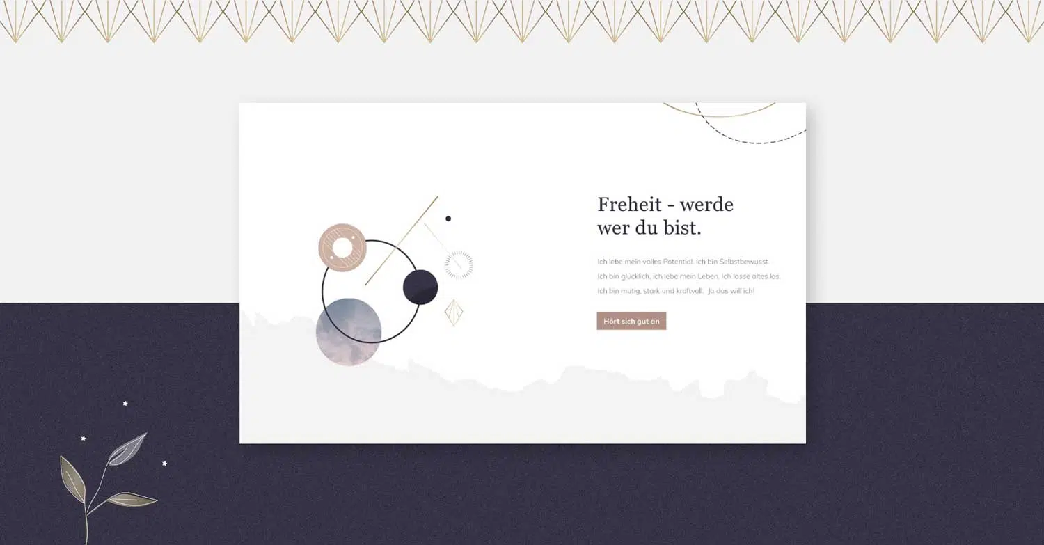 Hintergrund unterteilt in weiß und dunkelgrau. Oberer Rand mit goldfarbenen Pyramiden als Bordüre. Im unteren linken Eck eine Blätterranke. Im Vordergrund das Layout gehalten in weiß und hellgrau. Verschiedene Kreise laufen ineinander. Die Schrift in Schwarz und gold gehalten