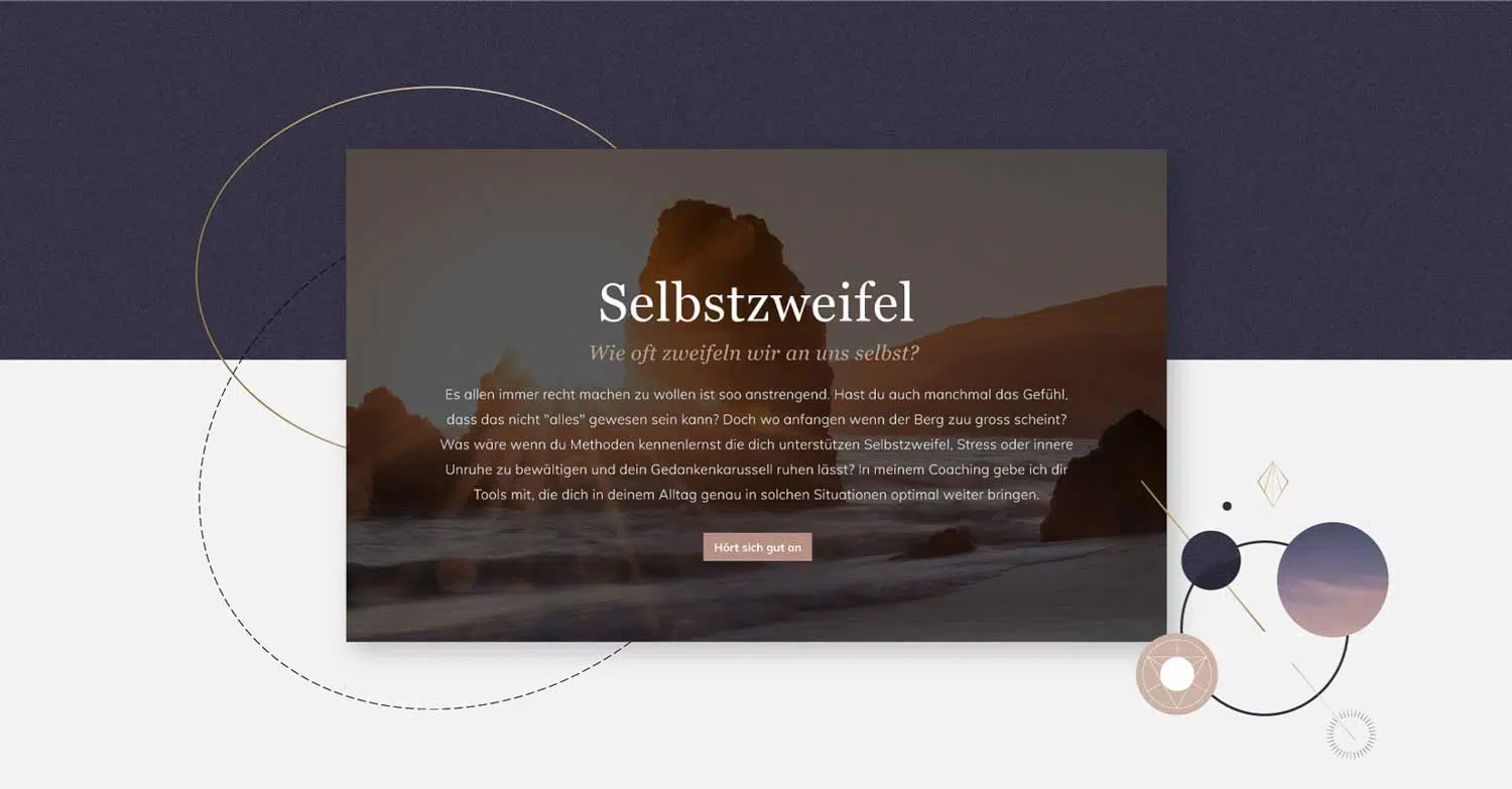 Hintergrund unterteilt in dunkelgrau und weiß. Im weißen unteren Bereich verschiedene Kreise ineinanderfließend und 2 große Kreise, die das Layout in den Vordergrund rücken. In dunklen braun Tönen gehalten mit weichgezeichnetem Naturbild. Text in beige gehalten. Überschrift dominiert in weiß