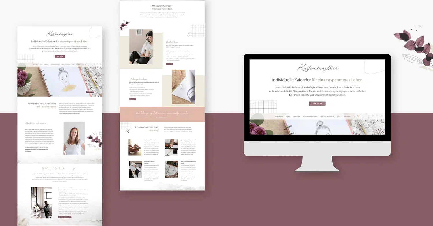 Hintergrund in der Mitte geteilt, obere Hälfte weiß, untere Hälfte dunkelbraun. Im Vordergrund verschiedene Layouts einer Webseite in Weiß und Naturtönen gehalten. Als sich wiederholende Elemente finden sich ein Quadrat mit Karomuster und Blumenranken wieder