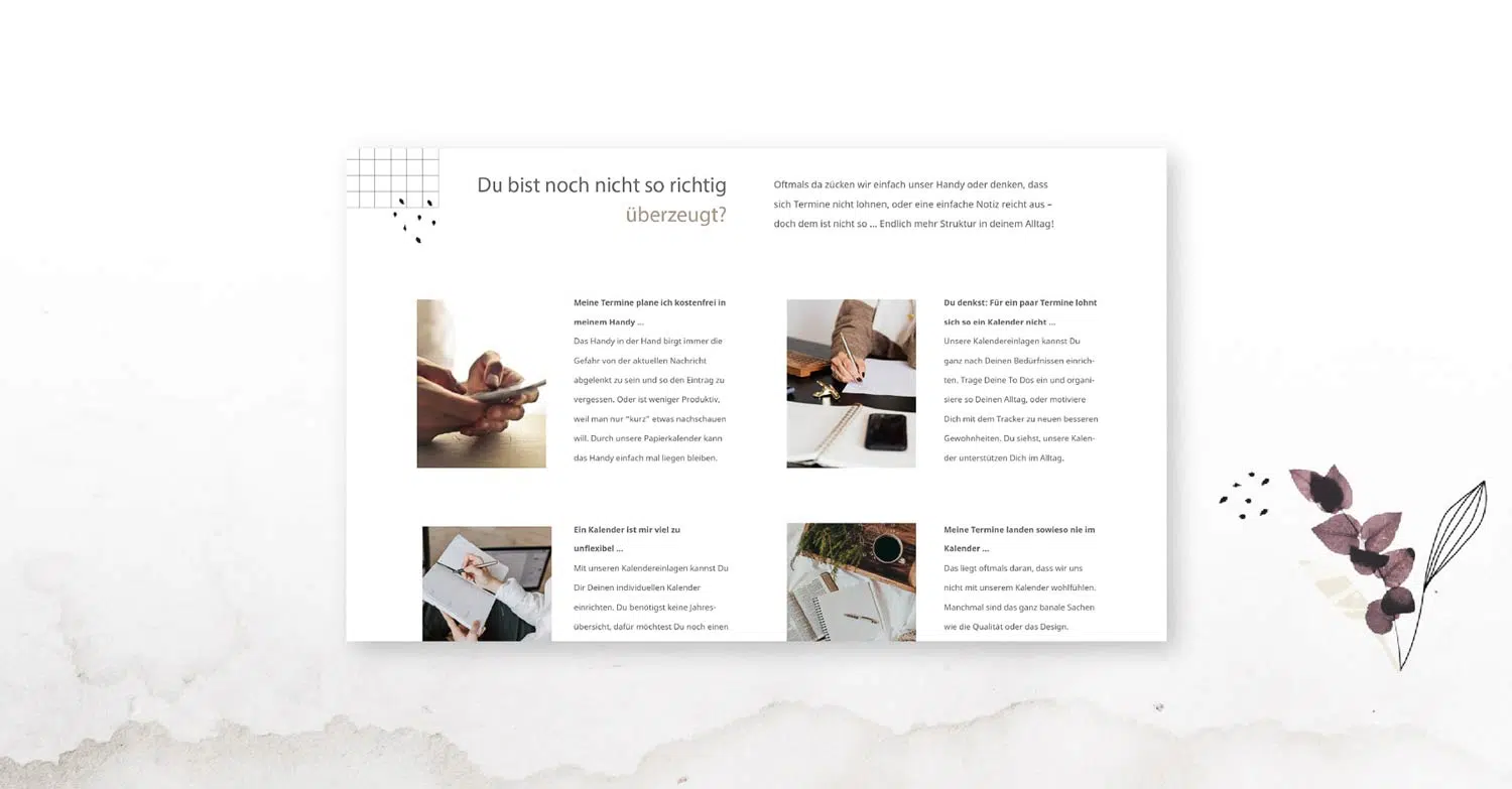 Layout einer Doppelseite mit 4 Bildern und danebenstehendem Text auf weißem Hintergrund mit Karoelementen links oben im Eck