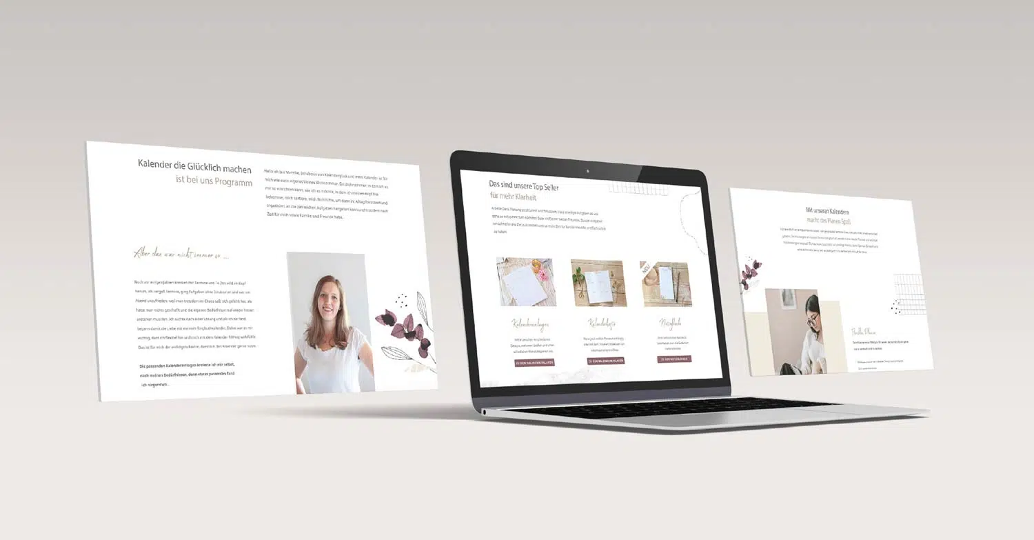 Mehrere Seiten einer Webseite in Creme und Naturtönen gehalten. Bilder mit Frauen in heller Kleidung. Als Elemente zeigen sich Blumenranken und einzelne Blüten.
