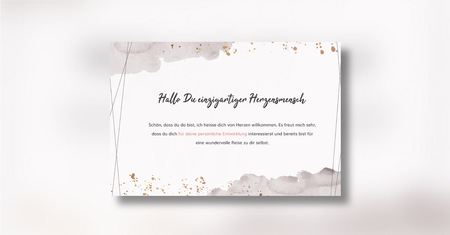 Willkommensseite „Hallo du einzigartiger Herzensmensch" im Aquarell-Rosé