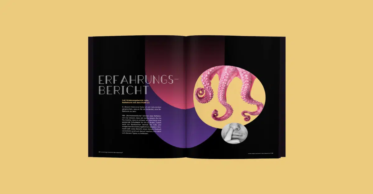 Doppelseite Buch auf goldenem Hintergrund. Doppelseite in schwarz gehalten mit graphischen Elementen in gold, blau und magenta. Schriftbild in weiß