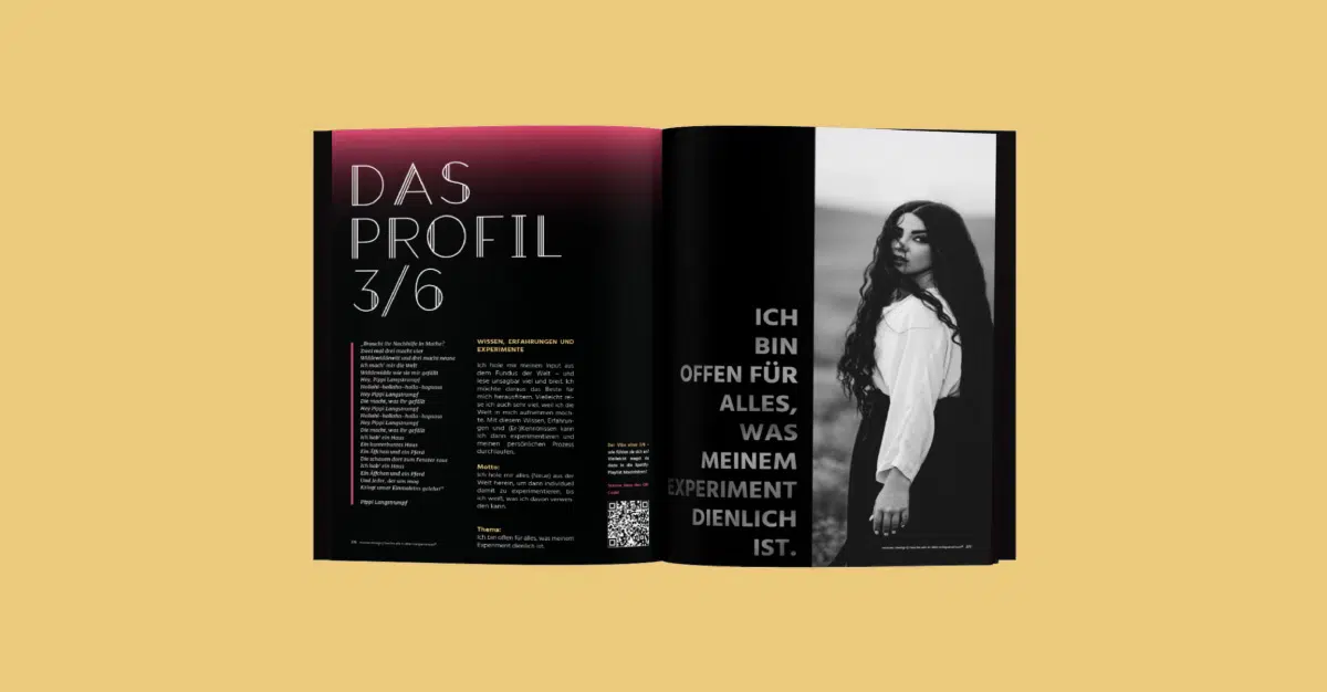 Doppelseite Buch auf senfgelbem Hintergrund. Doppelseite in Schwarz mit magenta Auslauf. Schriftbild in weiß und Bild mit einer Frau rechtsbündig