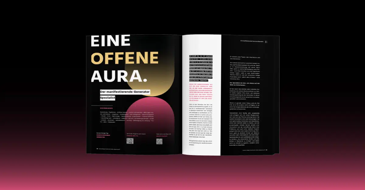 Doppelseite einer Broschüre auf schwarz magenta Hintergrund. Doppelseite in schwarz, magenta und gold gehalten. graphische Elemente in magenta und gold sichtbar