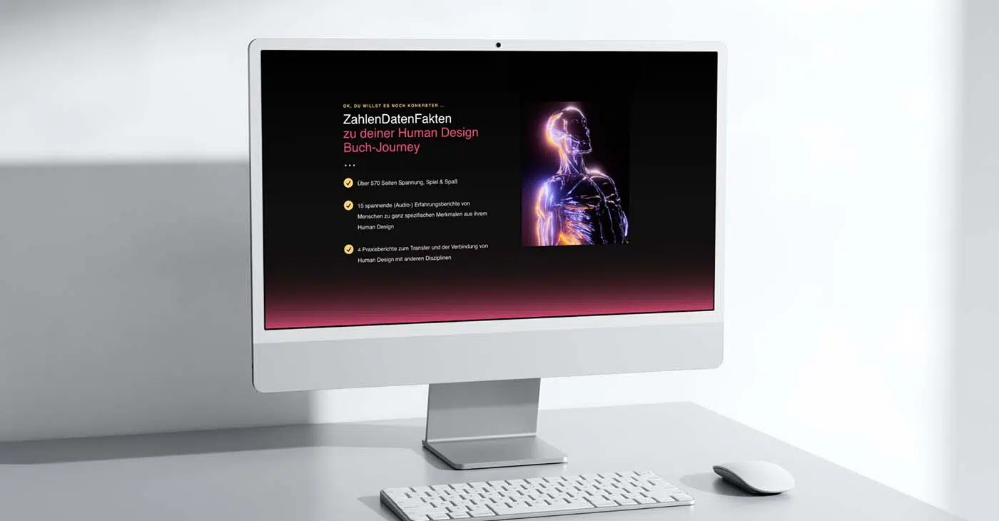 Schreibtisch mit Computer, alles in weiß. Desktop mit sehr dunklem Hintergrund auslaufend in einen burgund Ton. Silhouette eines Menschen gezeigt durchzogen mit orange und blauen Adern. Textblock in weiß und pink