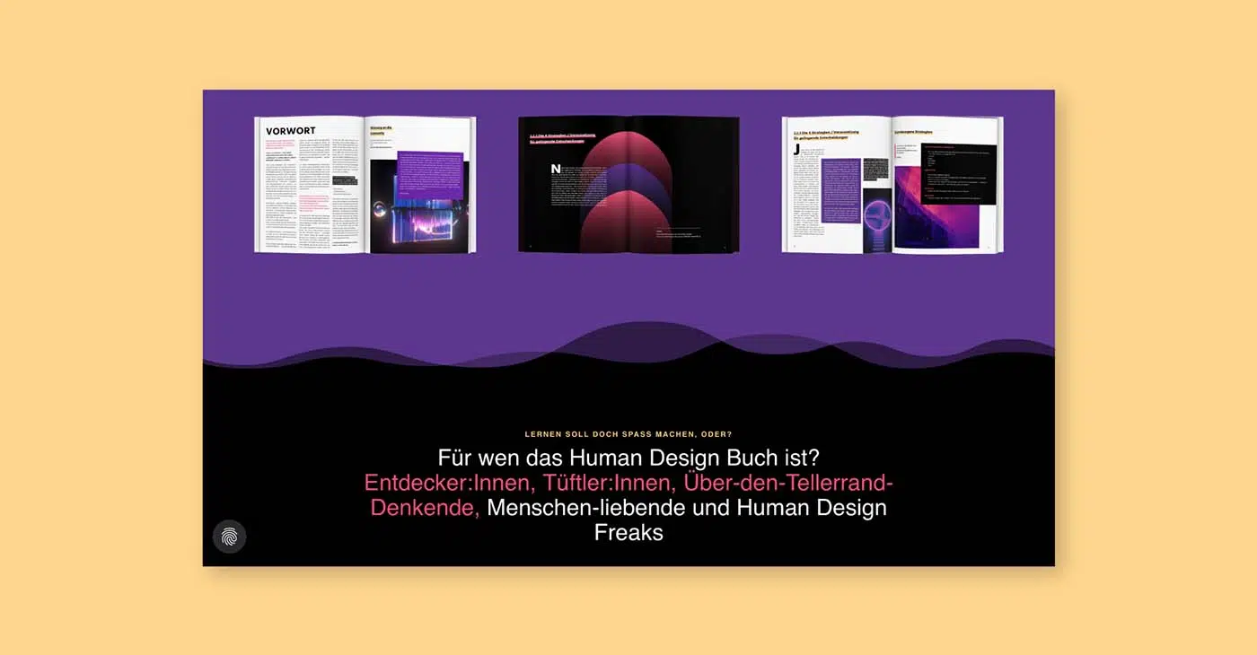 gelber Hintergrund mit einer Seite in violett und schwarz gehalten. 3 Bilders eines Buches sind abgebildet in der oberen Hälfte, in der unteren schwarzen Hälfte befindet sich Text in weiß und pink