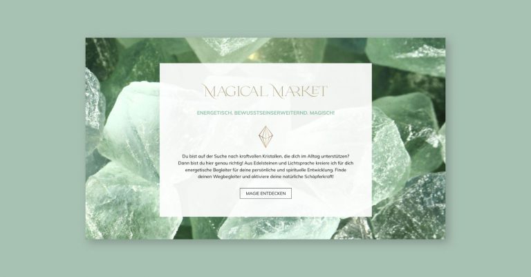 Grüne Website Magical Market mit Edelsteinen als Beispiel für einen Personal Brand Aufbau