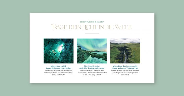 Website Trage dein Licht in die Welt mit drei Landschaftsfotos als hochwertiger Markenauftritt