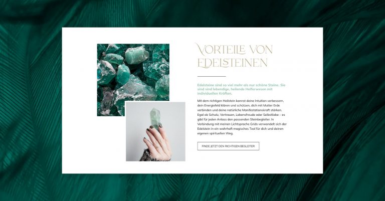 Website Vorteile von Edelsteinen mit Foto einer Hand mit Kristall als Personal Branding Design