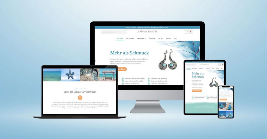 Premium Webdesign für Schmuck Shop auf Desktop und Tablet in Türkis von Jana Köppe Brand Designerin aus Dachau bei München