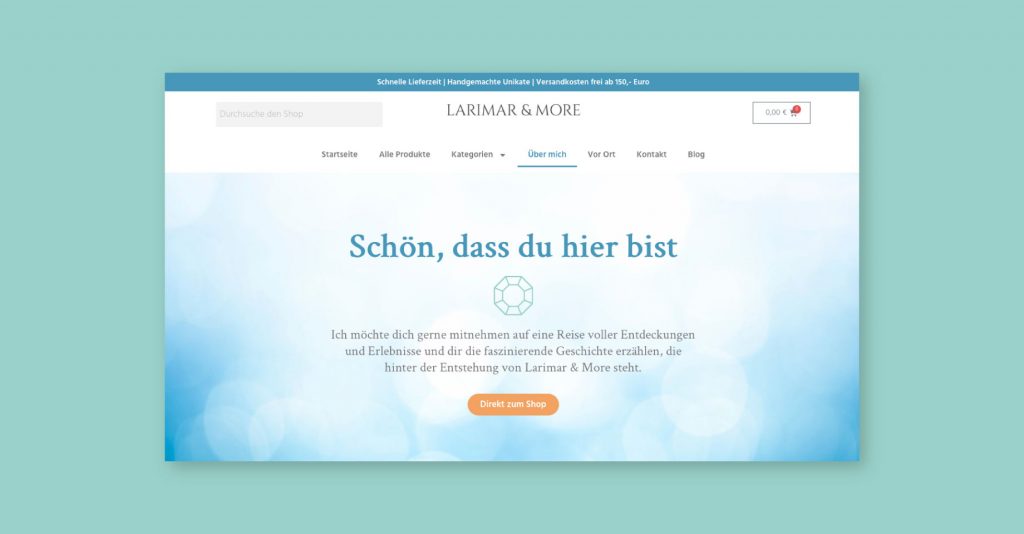 Website Unterseite für Schmuck Shop in Hellblau von Jana Köppe Brand Designerin aus Dachau bei München