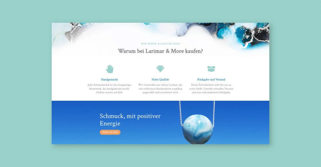 Website Innenansicht für Schmuck Shop in Hellblau und Weiß von Jana Köppe Brand Designerin aus Dachau bei München
