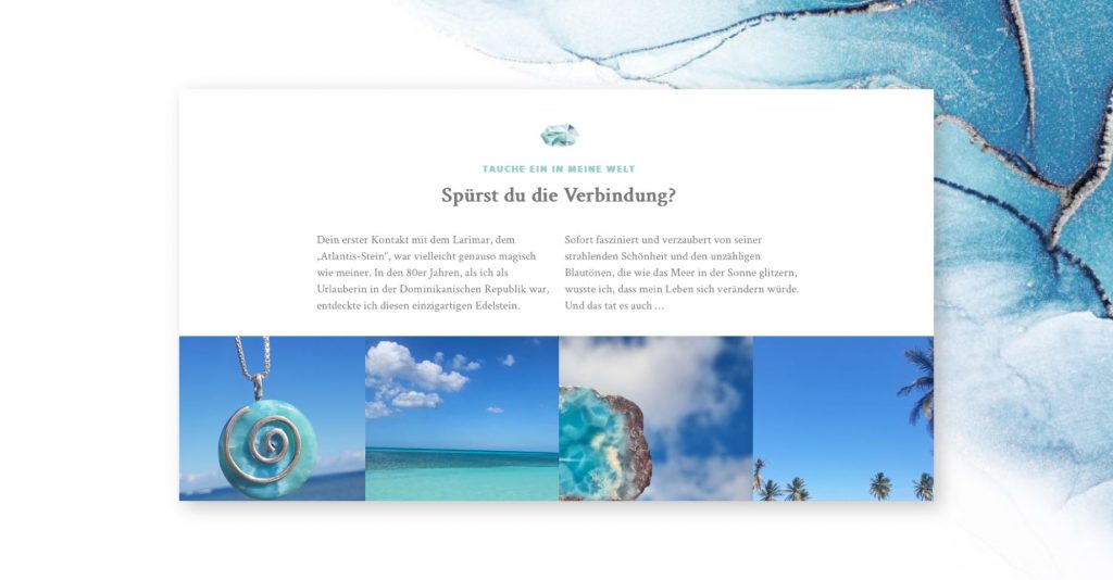 Website Textseite für Schmuck Shop in Türkis und Weiß von Jana Köppe Brand Designerin aus Dachau bei München