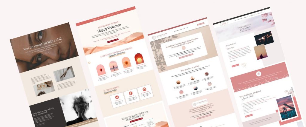 Moderne WordPress Websiten, in Rosa. Portfolio Collage vier feminine Websites