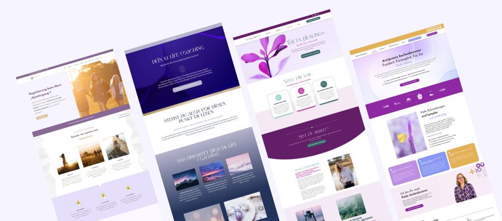 Vier violette WordPress Website Designs für Life Coaching Theta Healing und Arztpraxis München Jana Köppe