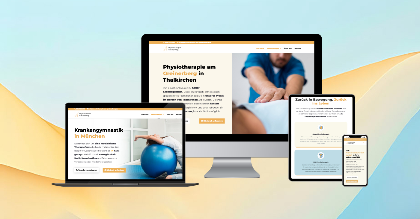 Responsive Ansicht einer Physiotherapie-Website auf Bildschirm, Laptop, Tablet und Handy
