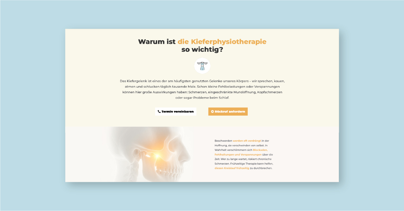 Leistungsseite zur Kieferphysiotherapie mit Illustration des Kiefers, Webdesign für eine Therapiepraxis