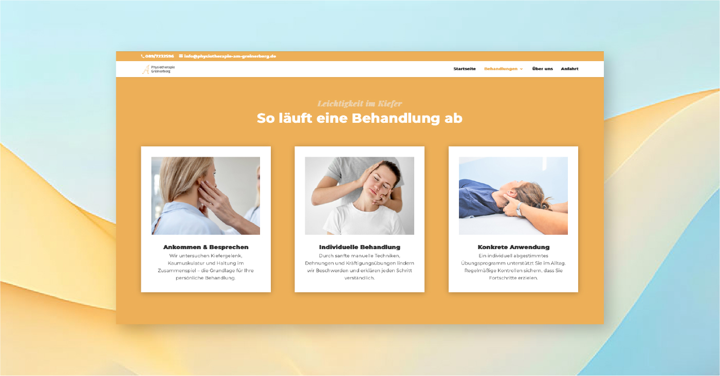 Erklärseite zur manuellen Therapie mit blauer Wellengrafik, modernes Praxis-Webdesign