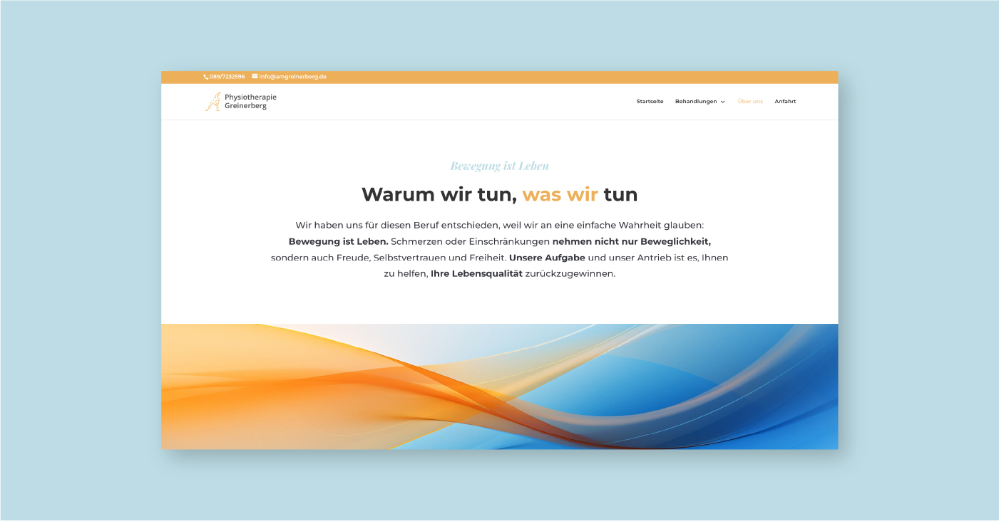 Über-uns-Abschnitt einer Physiotherapie-Praxis mit blau-oranger Wellengrafik