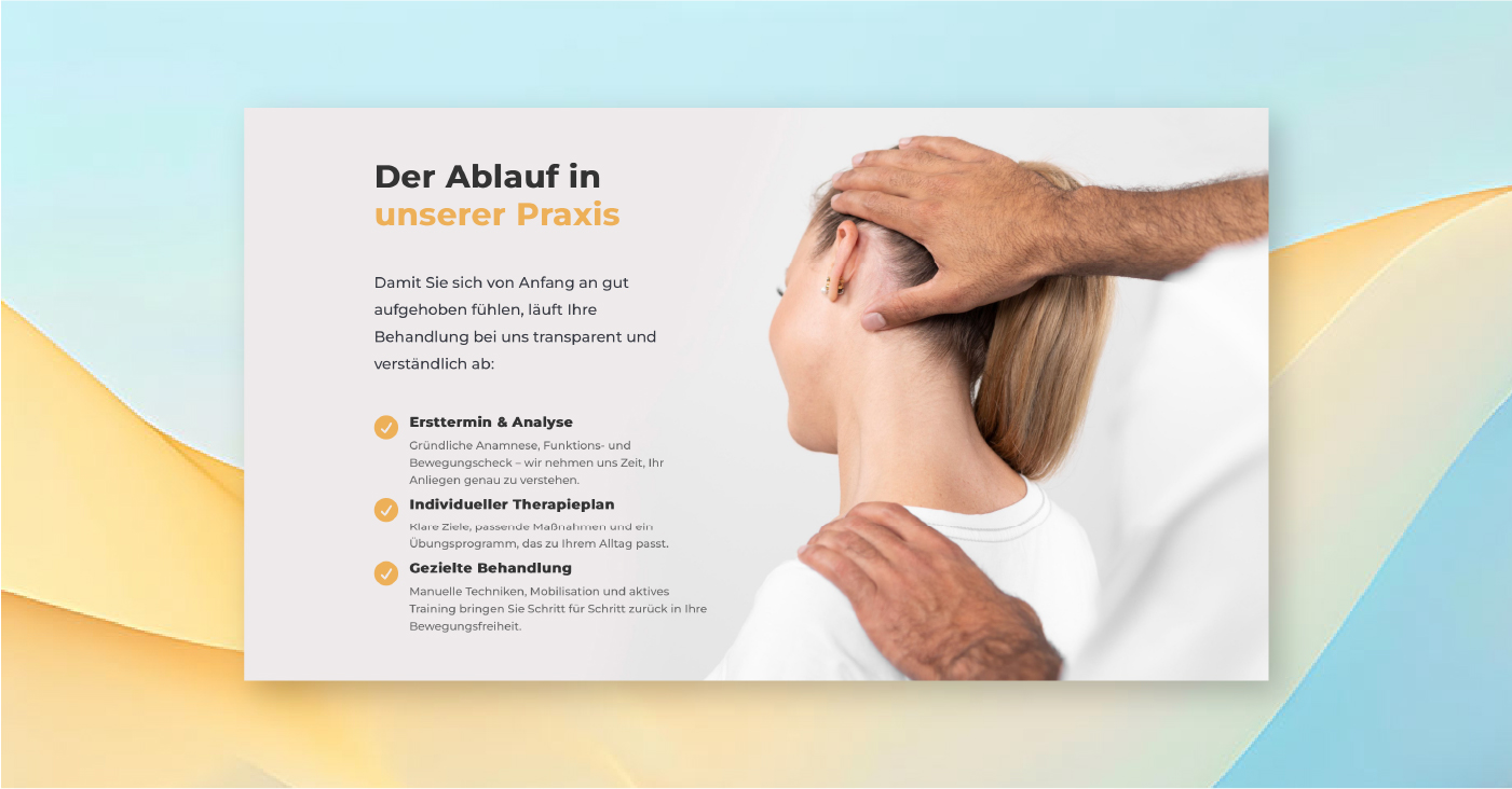 Vorstellung der Ärztin mit farbigen Karten auf der Praxis-Website, individuelles Webdesign für die Arztpraxis