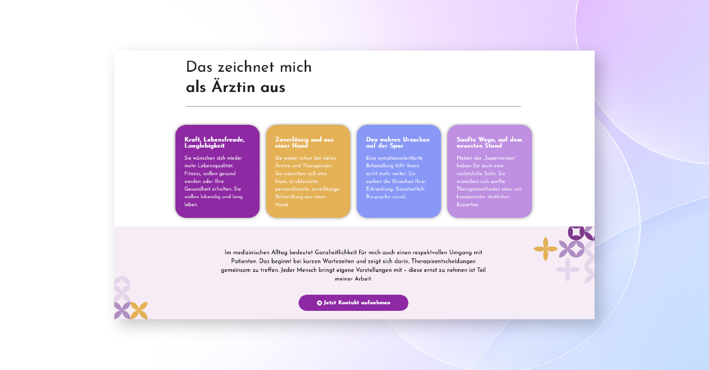 Vorstellung der Ärztin mit farbigen Karten auf der Praxis-Website, individuelles Webdesign für die Arztpraxis