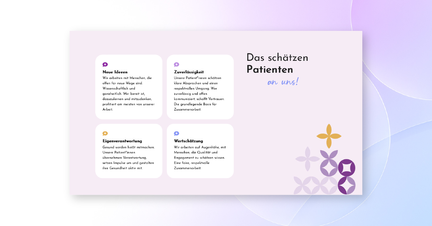 Patientenstimmen auf der Website einer Arztpraxis, vertrauensvolles Praxis-Webdesign