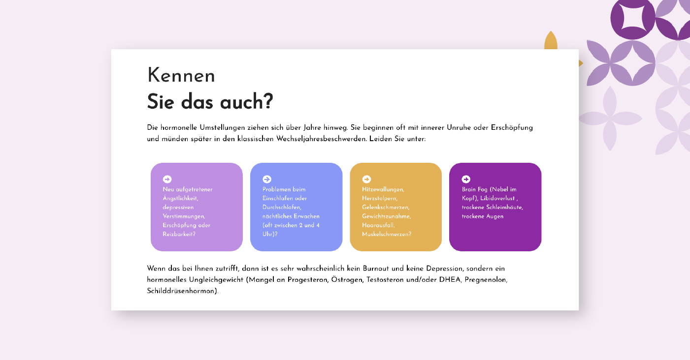 Abschnitt einer Arztpraxis-Website in Lila und Gold, modernes Webdesign für die Arztpraxis