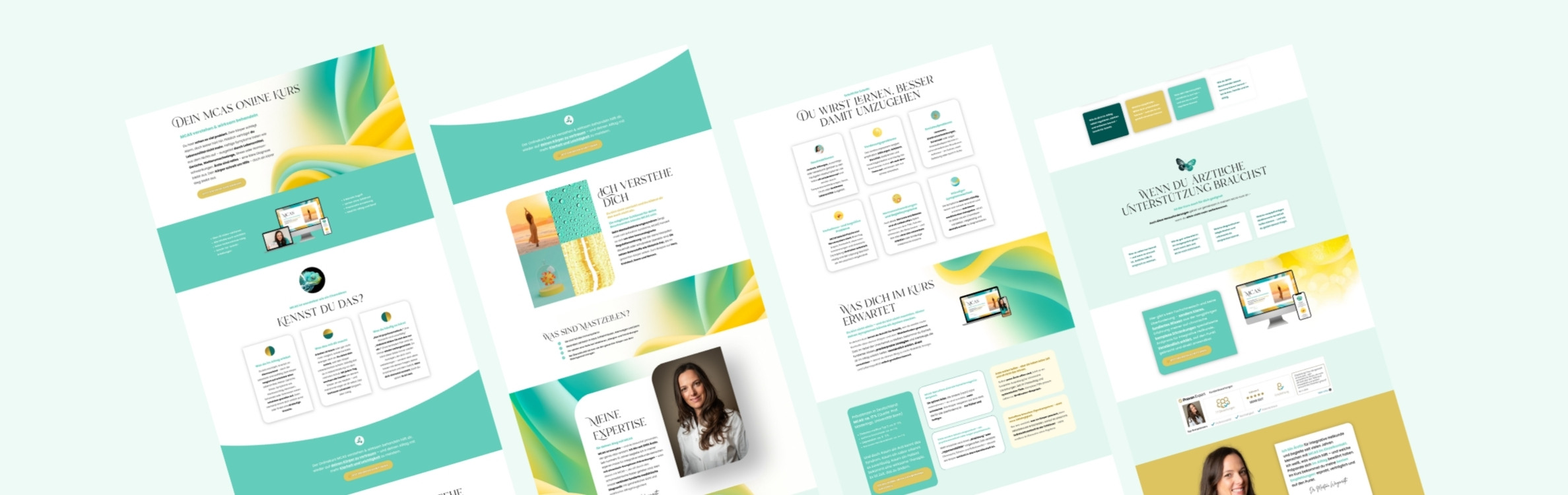 Webdesign für eine Arztpraxis mit Online-Kurs zu Funktioneller Medizin in Grün und Gelb, gestaltet von Jana Köppe