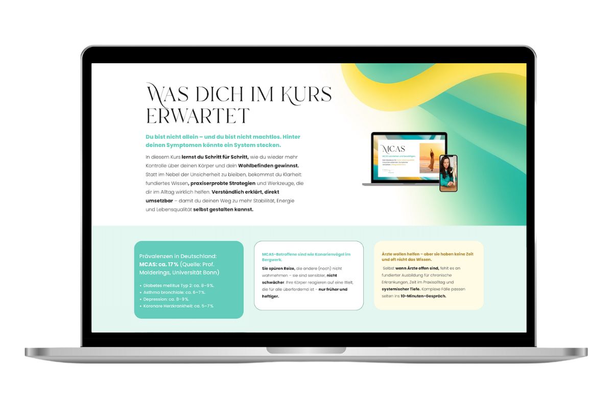 Startseite eines Online-Kurses für Heilpraktiker in Grün und Gelb, Webdesign für Heilpraktiker und Ärzte
