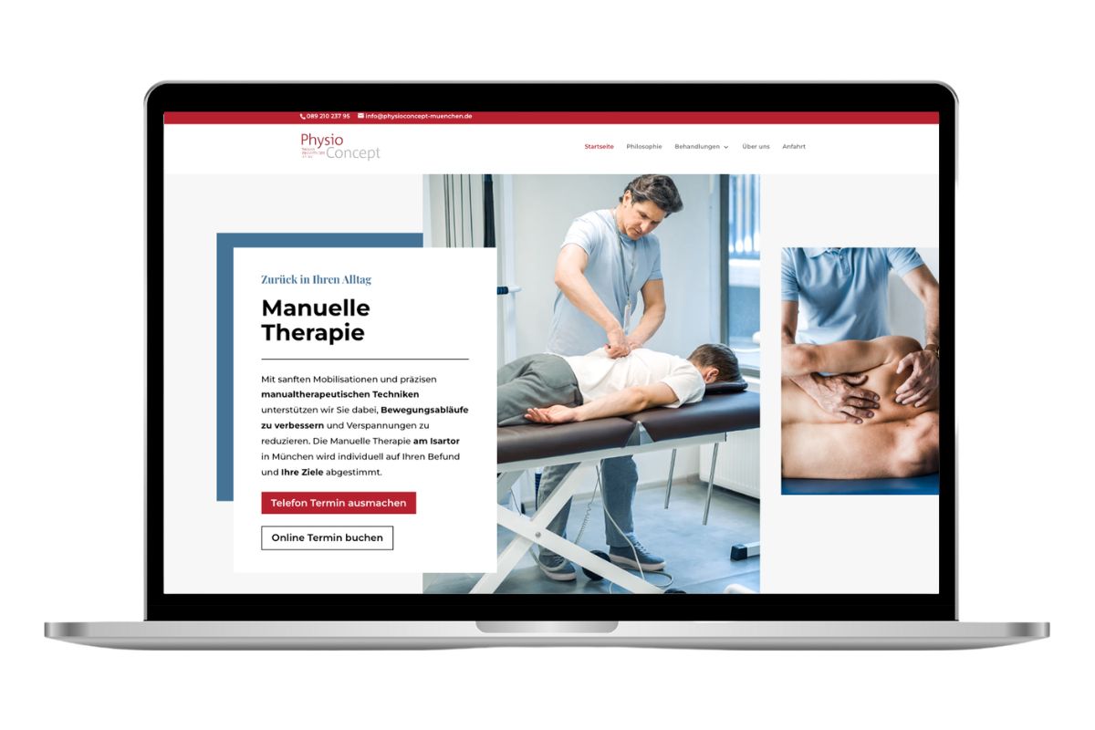 Leistungsseite zur manuellen Therapie mit Behandlungsfoto, modernes Praxis-Webdesign