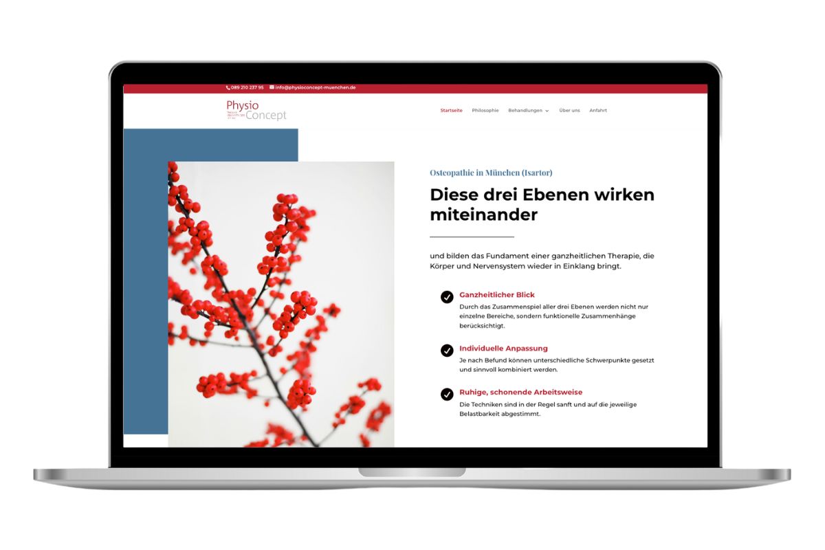 Behandlungskonzept einer Physiotherapie mit roter Blütenzweig-Grafik auf der Praxis-Website