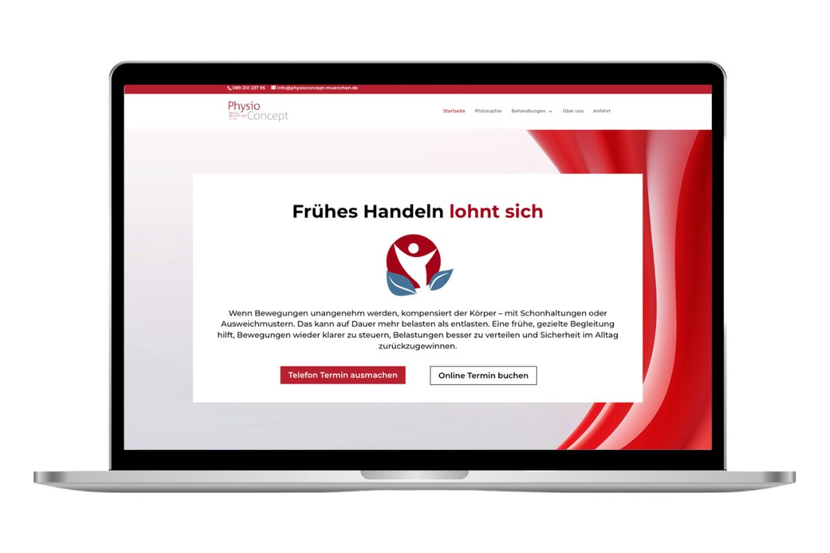 Startseite einer Physiotherapie-Praxis in Rot auf dem Monitor, Webdesign für eine Praxis