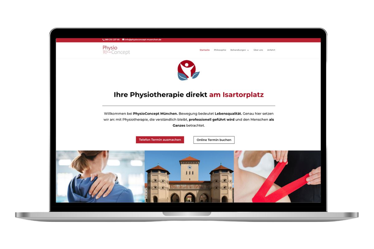 Physiotherapie-Website mit Standort am Isartorplatz in Rot und Blau