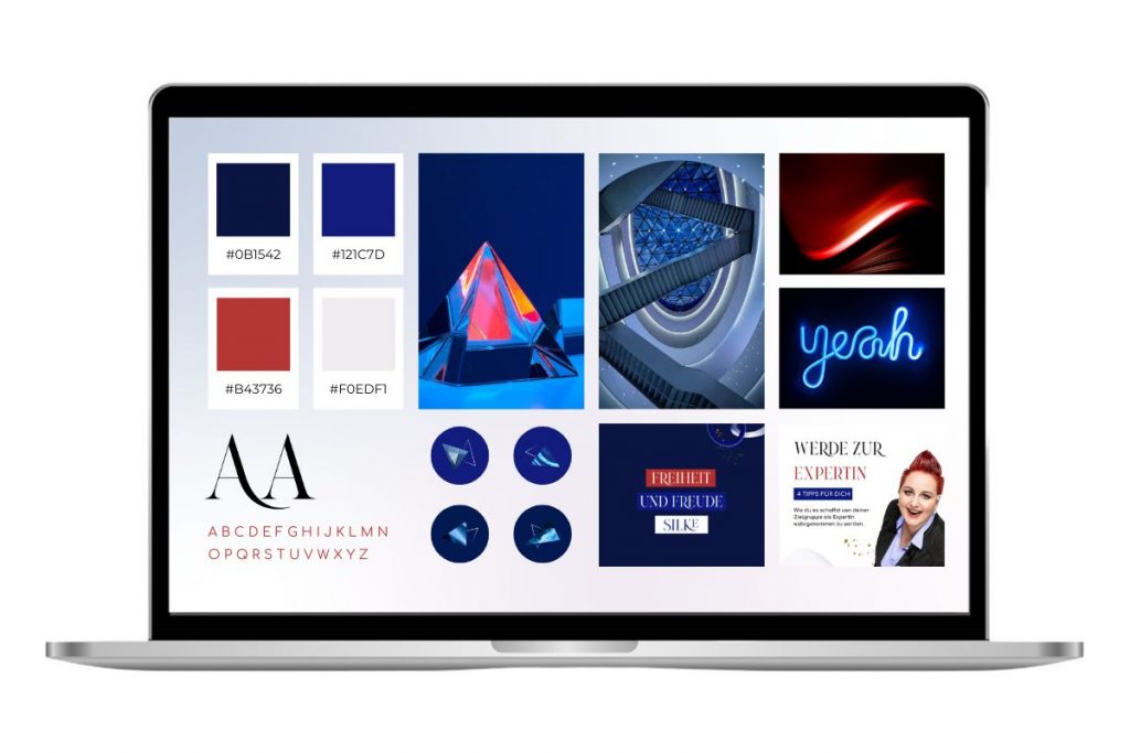 Moodboard Luxus Marke für Coaching in Blau Rot