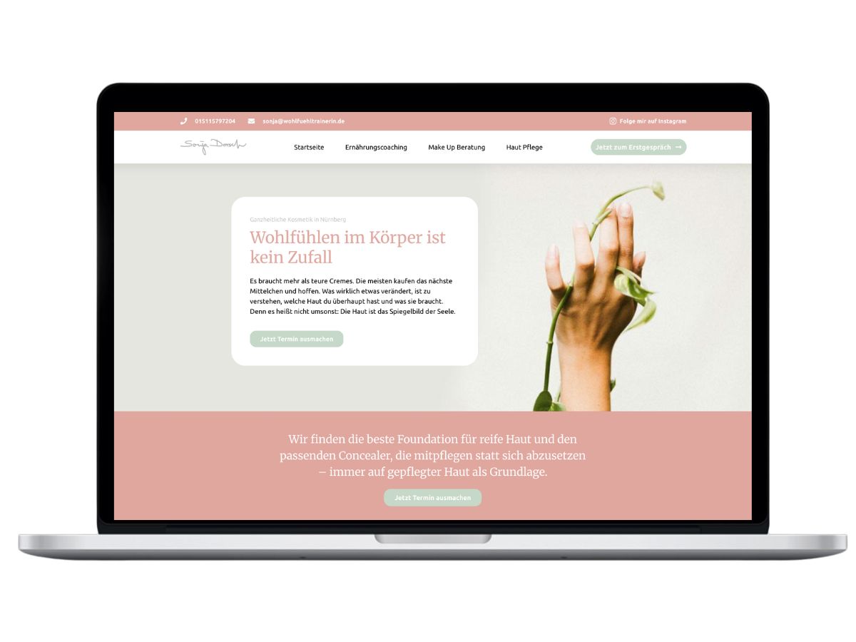Website für Gesundheitscoach mit Naturbild und Text zum Wohlfühlen im eigenen Körper, gestaltet von Jana Köppe
