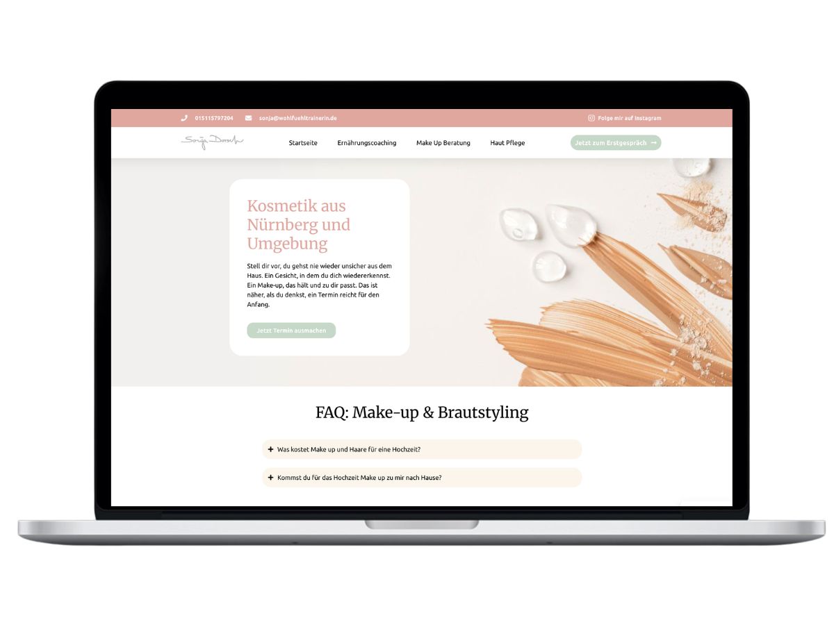 Webseite für Gesundheitscoach mit Naturkosmetik-Motiv und FAQ-Bereich, erstellt von Jana Köppe