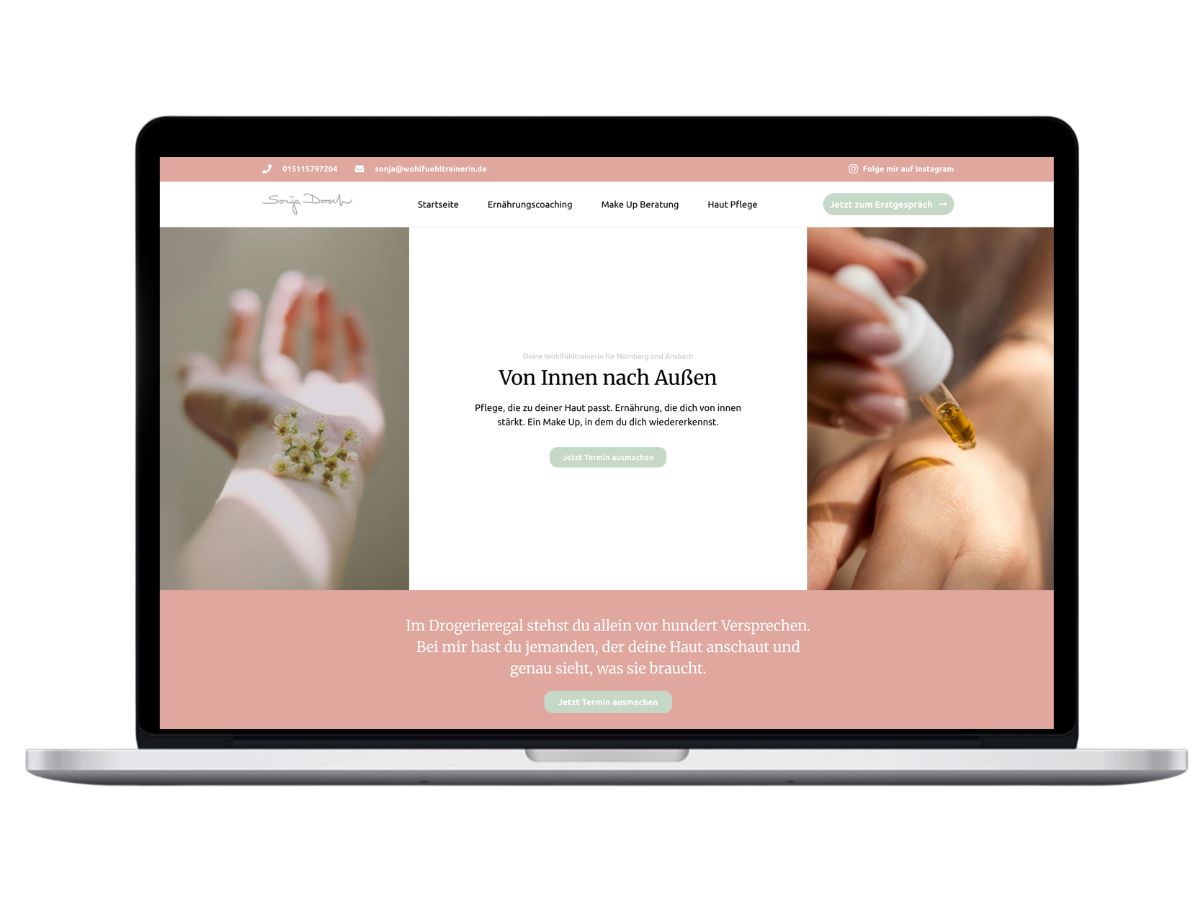 Website-Mockup für Gesundheitsexpertin mit dem Leitgedanken Von innen nach außen