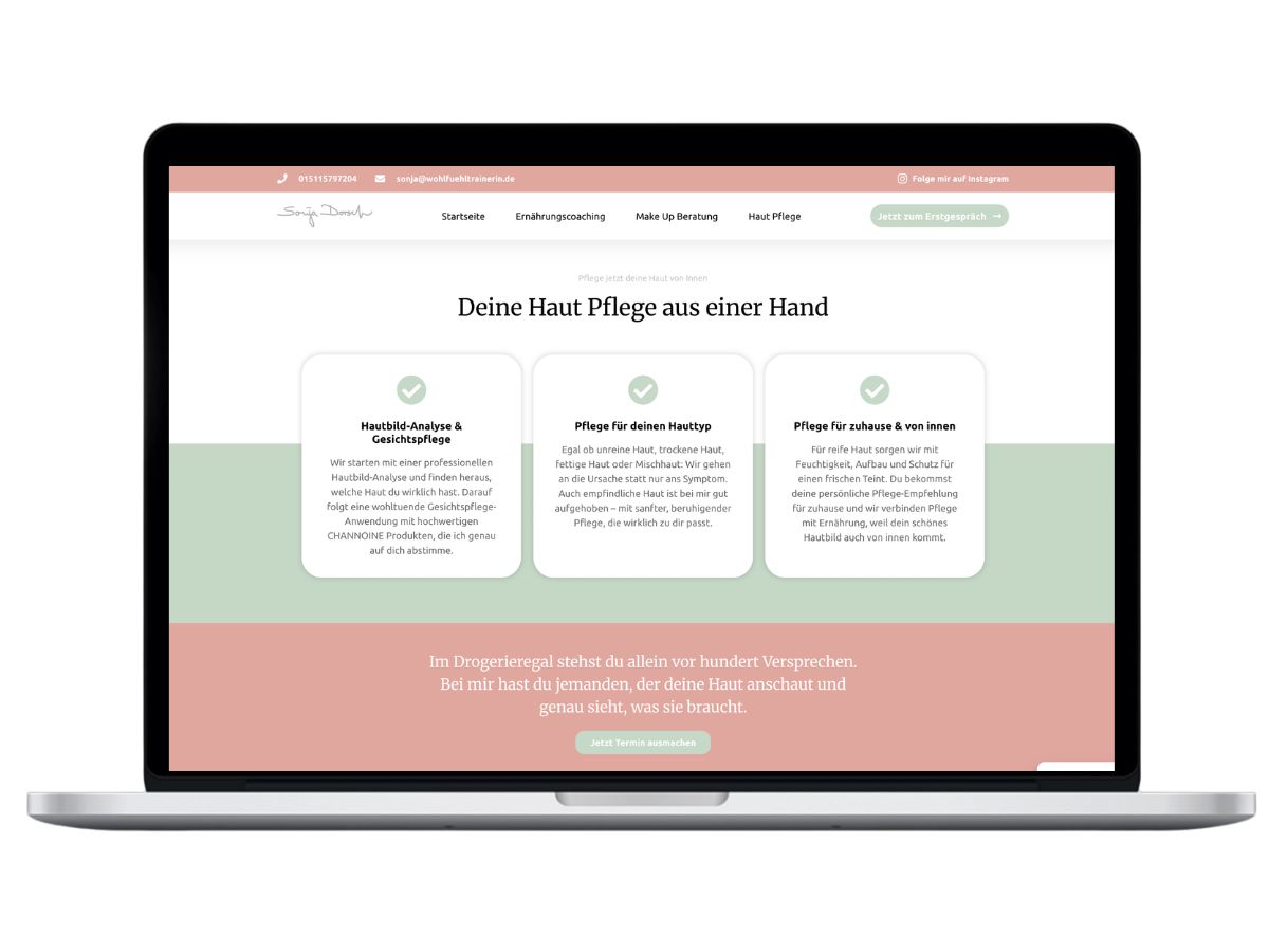 Webdesign für Gesundheitscoach: Leistungsübersicht Deine Hautpflege aus einer Hand in drei Karten